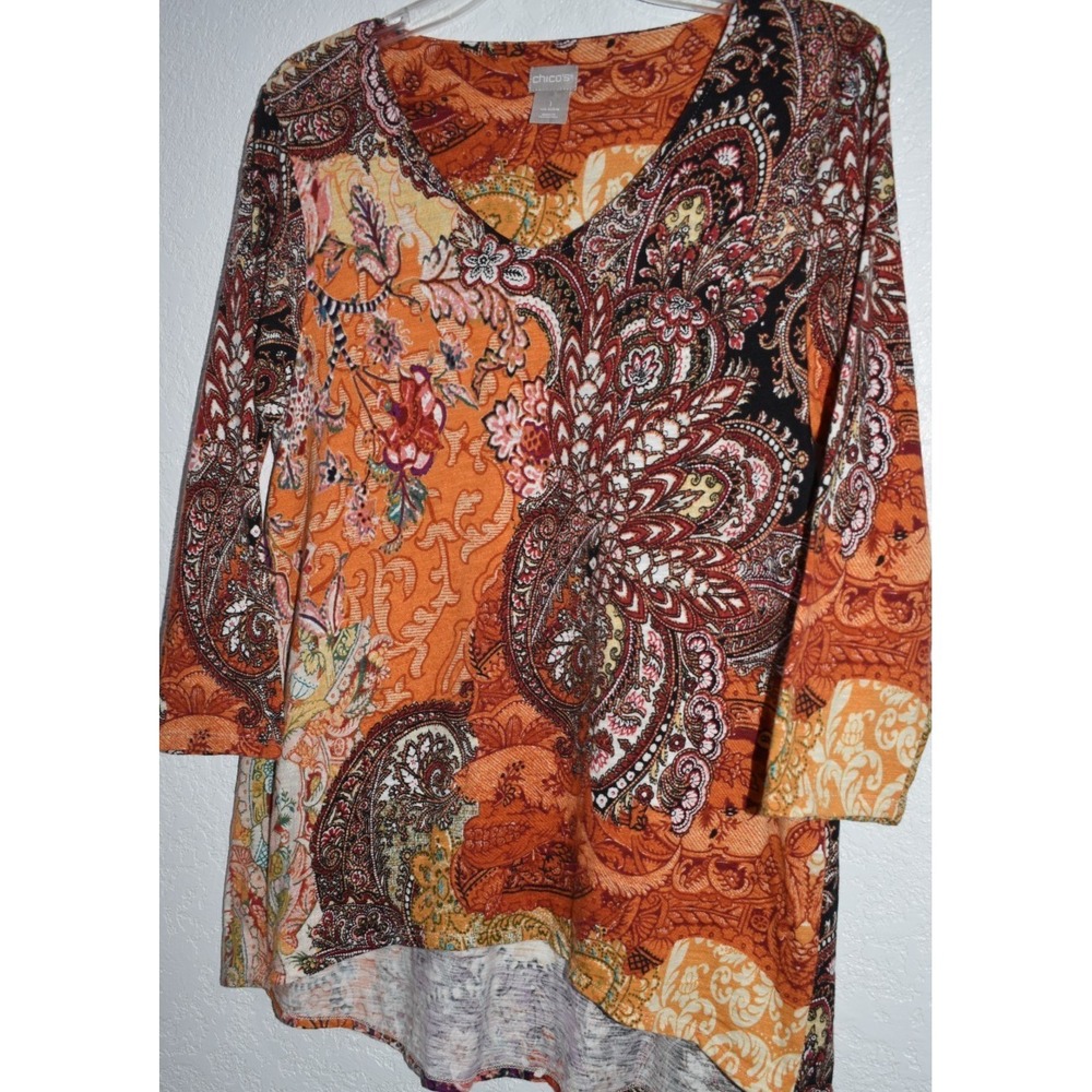 Chicos 1/Mediume Mix Print Tunic Top Multicolor Business Casual 3/4 Sleeve Vneck - Picture 11 of 15
